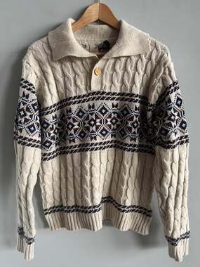 Vintage 80s Christopher Rand Fair Isle Cable Knit Sweater Collared Men's L